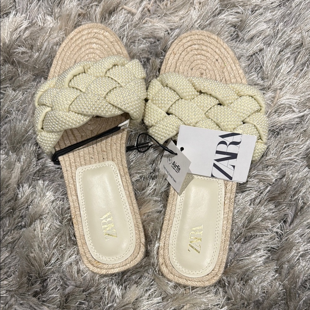 Zara Women's Cream Braided Slide Sandals